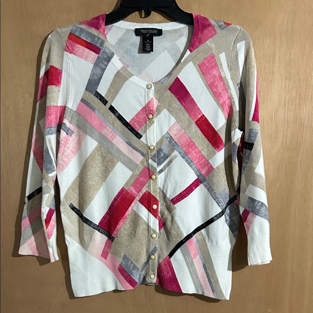 NWOT White House Black Market Women's Pink and Beige Geometric Cardigan